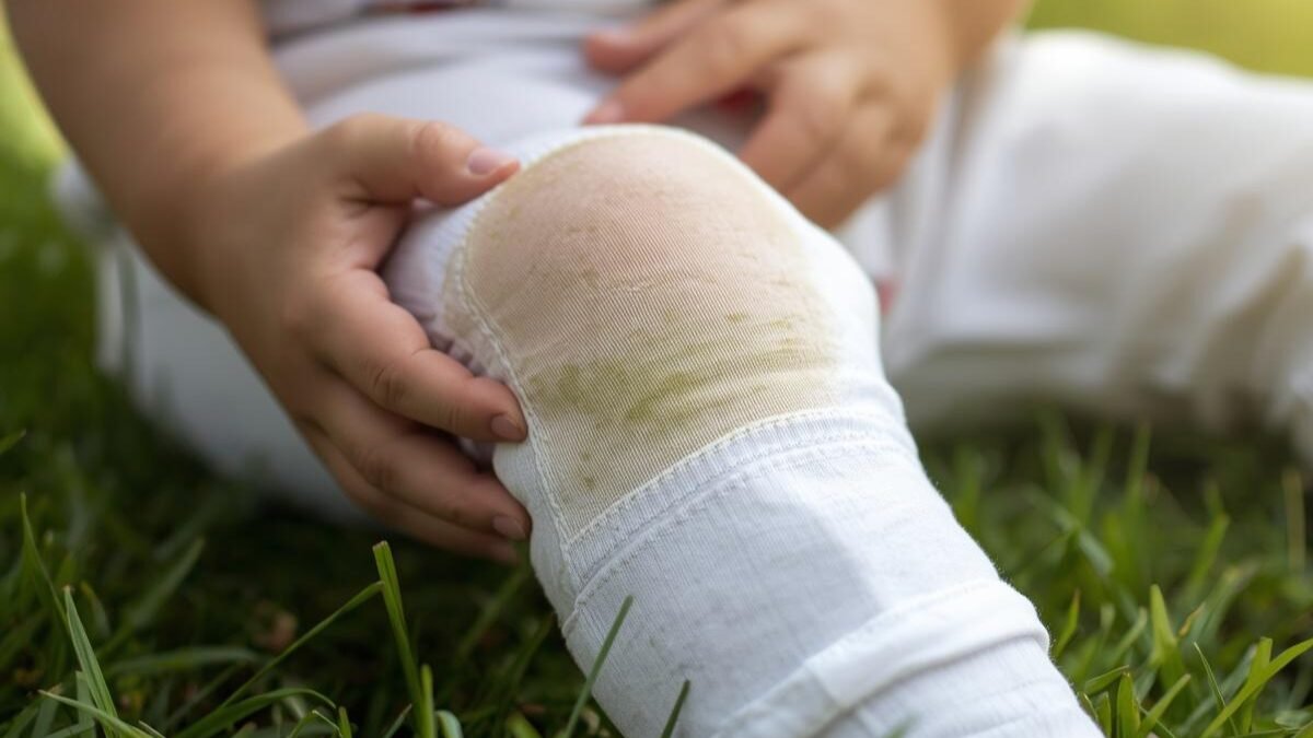 tache d'herbe sur le vêtement d'un enfant